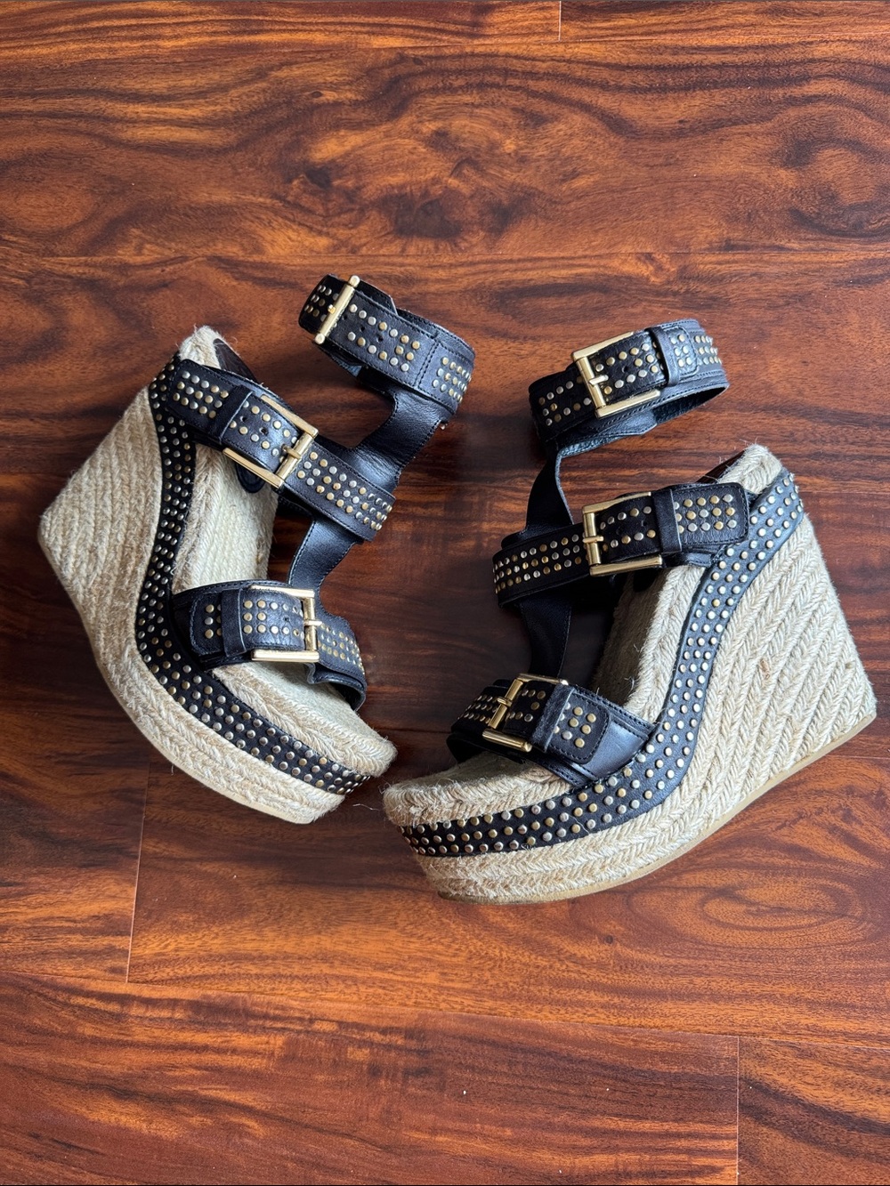 Alexander McQueen Black Studded Espadrille Wedge Sandals - Women's